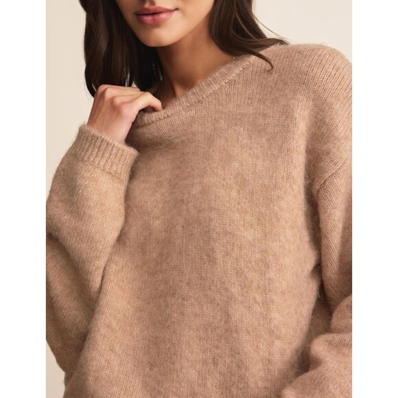 Women's Khaki Oversized Fuzzy Knit Sweater - Cozy Casual Layering Pullover - Picture 4 of 6